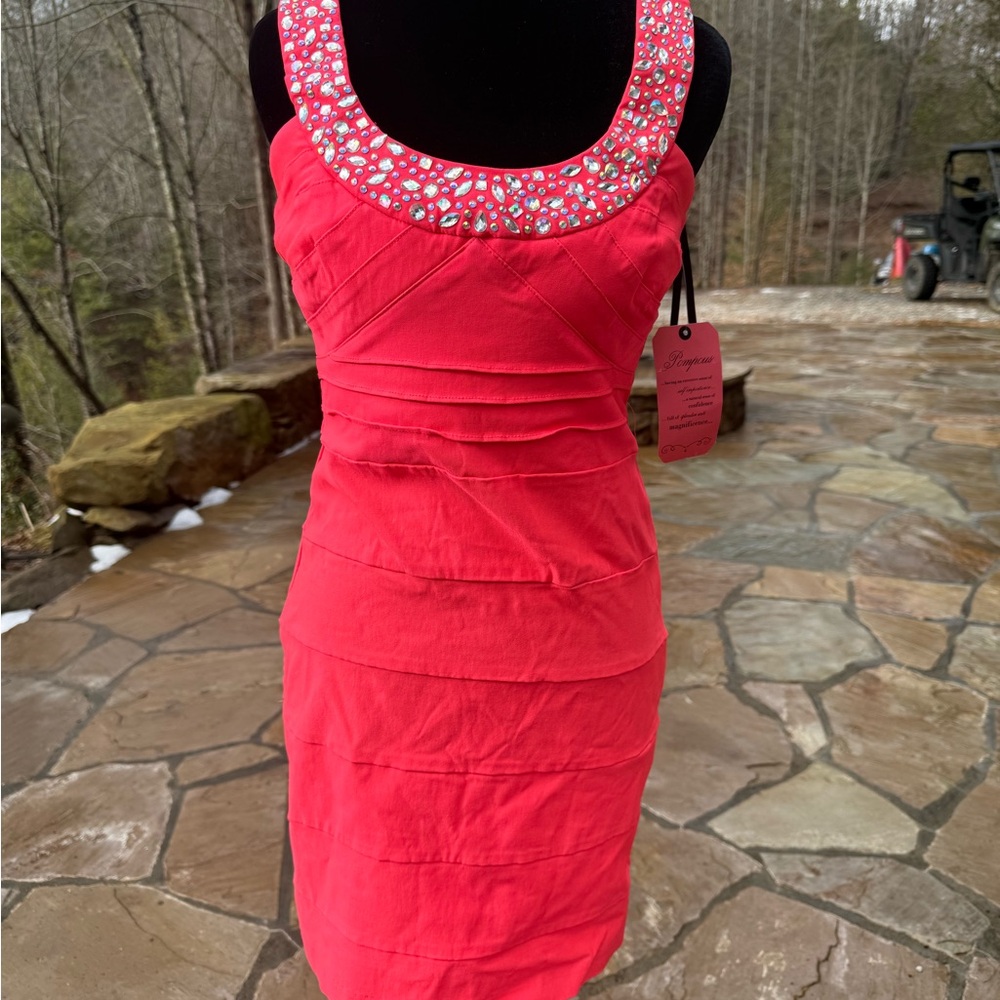 NWT! Pompous Girly Elegant Hot Pink/Coral Embellished Cocktail Dress size Medium